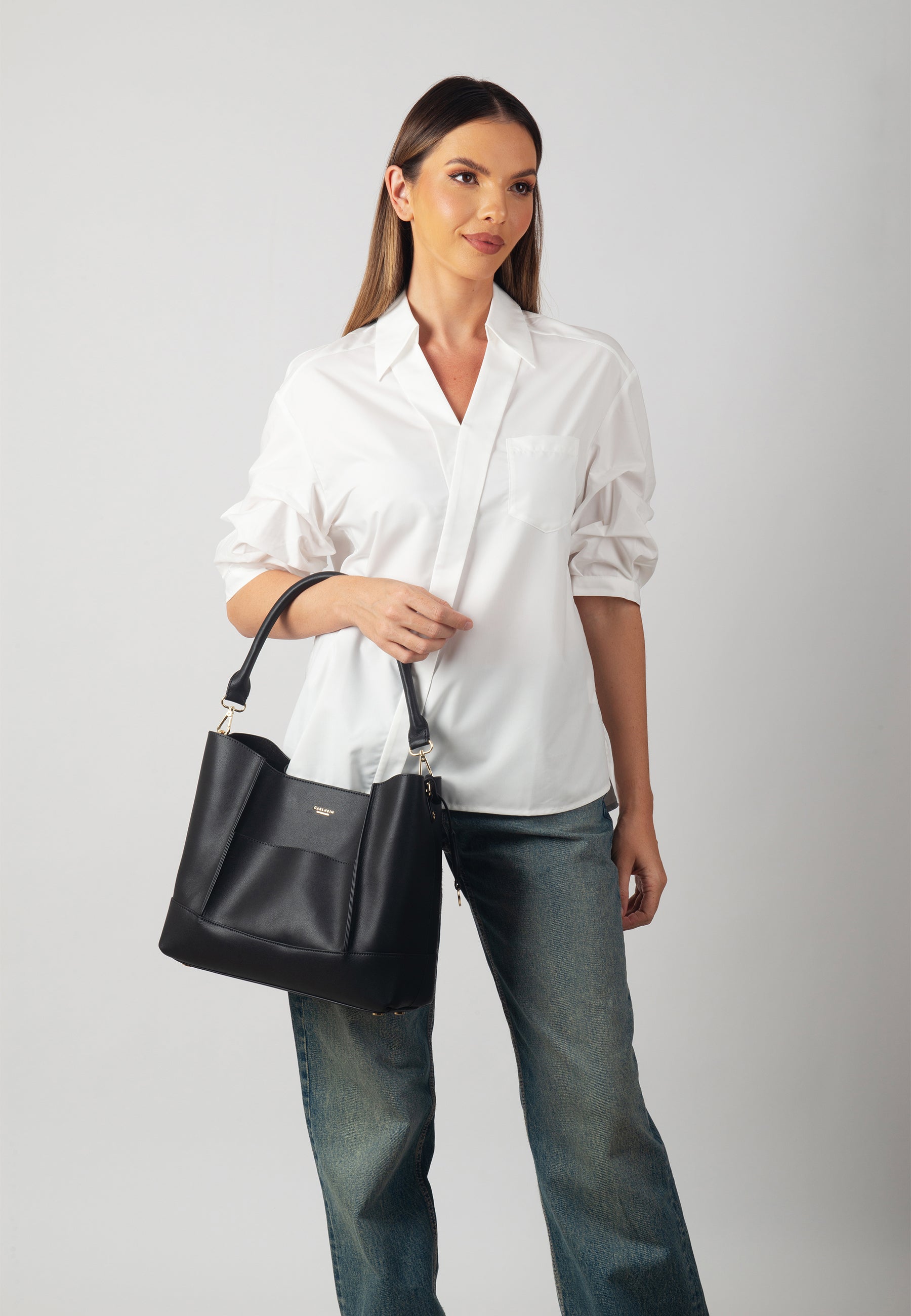 Velvet Genuine Leather Handbag (Black)